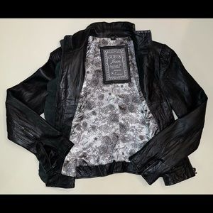 Guess Black Leather Moto Jacket With Ruffle Accents